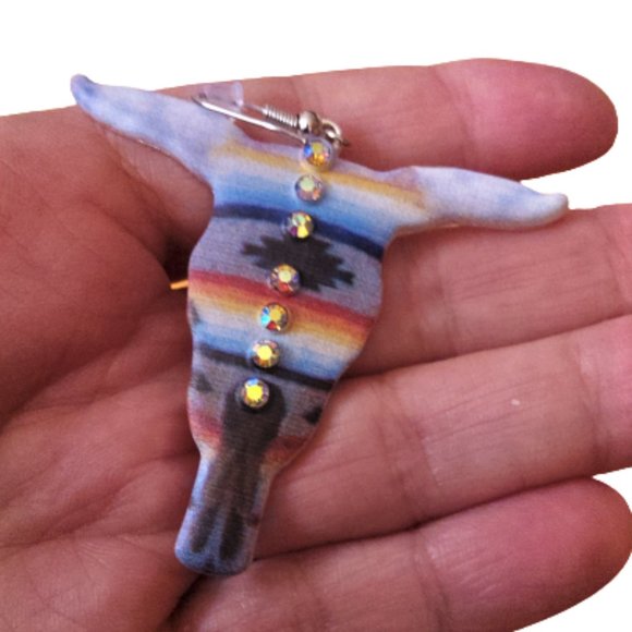 Large bull cow head Southwestern Western cow girl dangle earrings - Picture 6 of 8